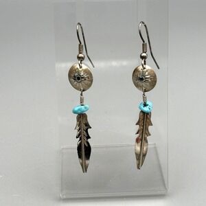 Native American Pierced Sterling Silver Earrings Turquoise Concho Feather 925